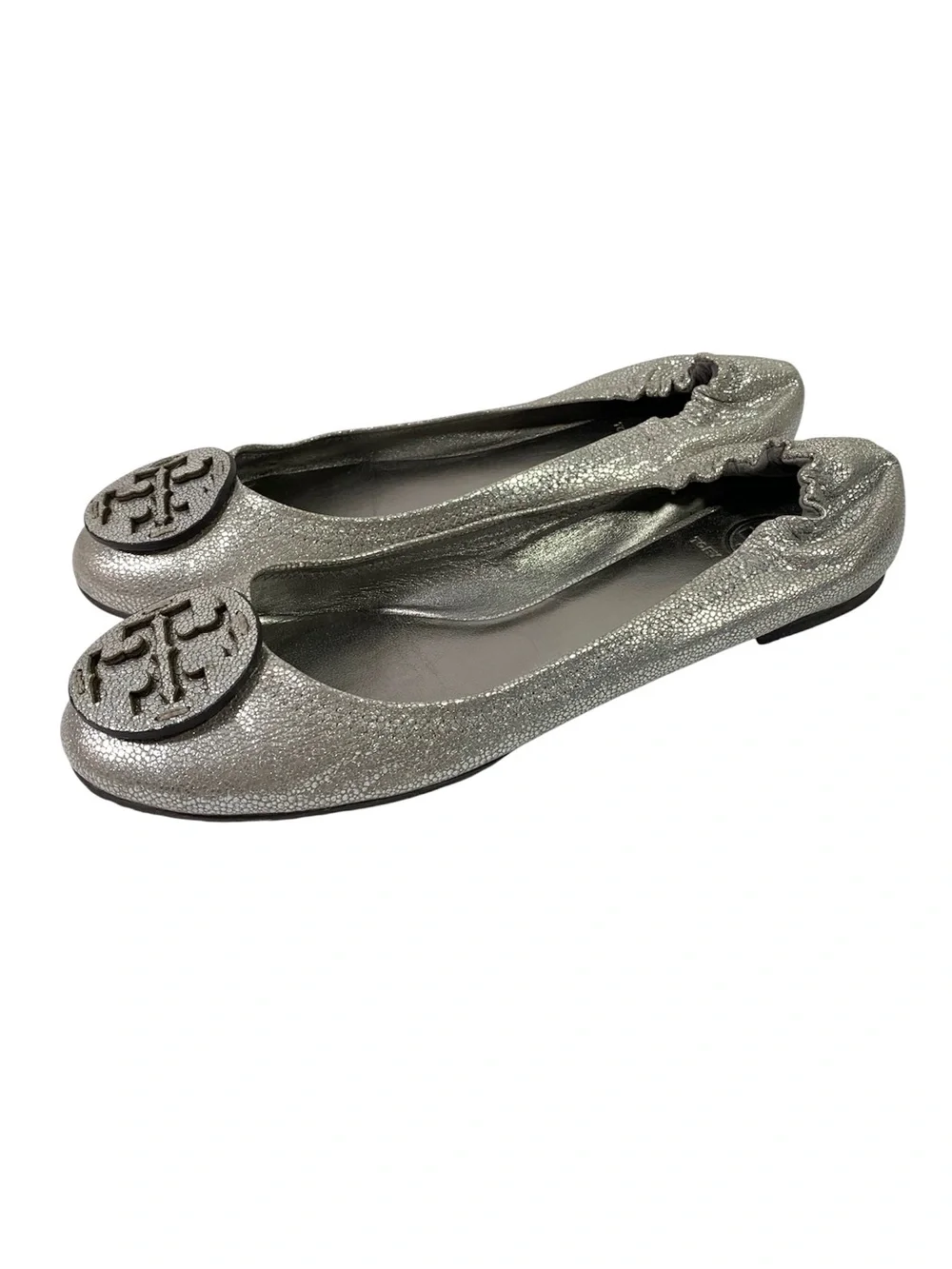 Tory Burch Reva Silver Metallic Tumbled Pebbled Leather Flats Size 10 M Travel